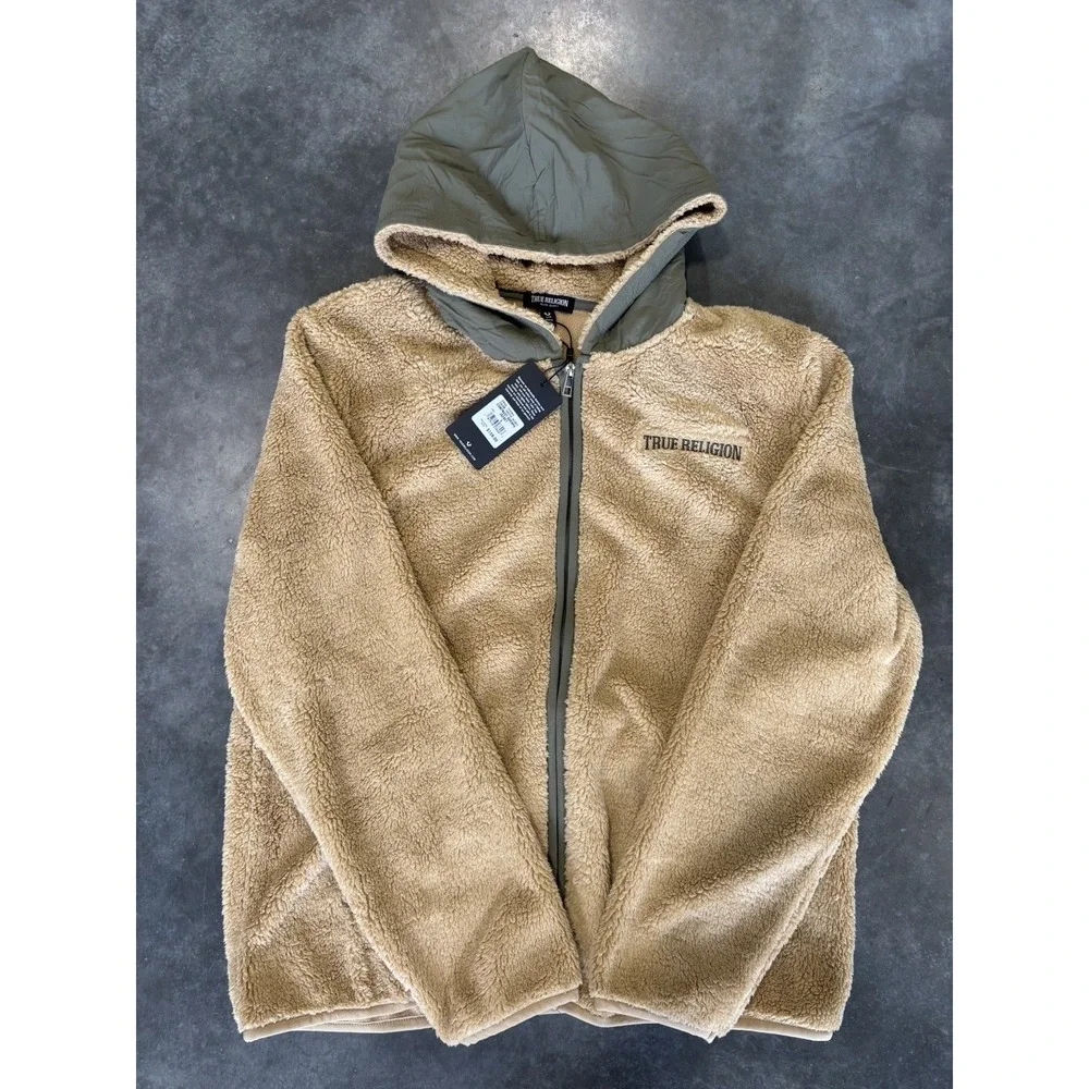 Men's Size Large True Religion Sherpa Tan And Green Zip Up Jacket New With Tags